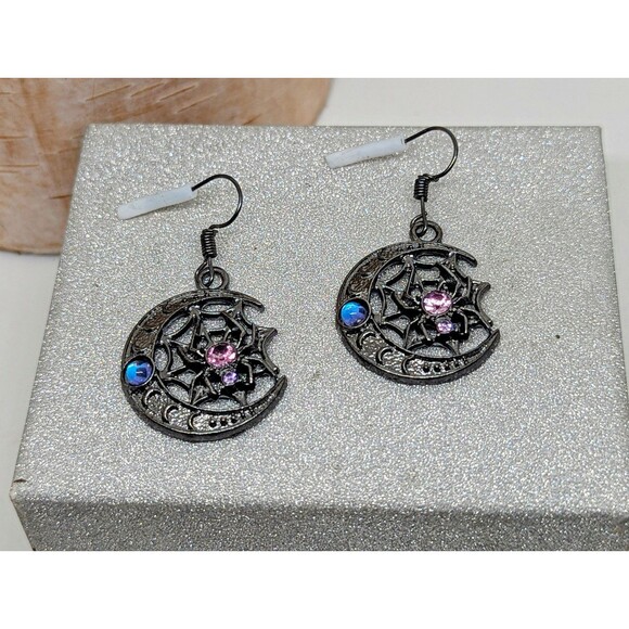 Goth Punk Biker Spider Moon Crystal Dangle Earrings - Picture 1 of 3